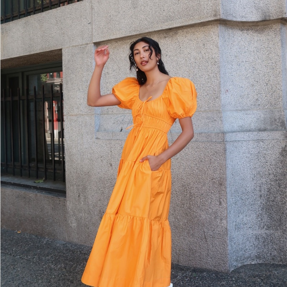 Line and Dot Orange Puff Sleeve Dress